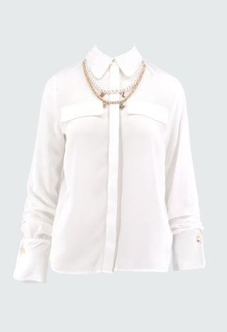 Camicia DIRANNE manica lunga con risv.raso più collana perle e strass lettere