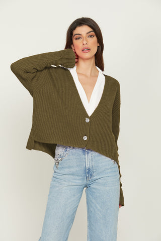 Cardigan DUCHESSA manica lunga con risvolto più bottone gioiello