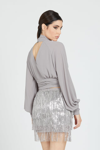 Blusa AGLO corta doppio scollo a v manica lunga con fusciacca più pieghe più arricci più spilla