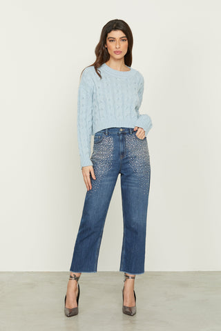 Jeans IKU_STRASS vita alta 5 ts con strass più fondo sfrangiato denim