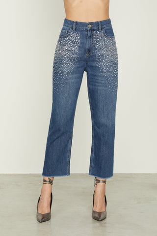Jeans IKU_STRASS vita alta 5 ts con strass più fondo sfrangiato denim