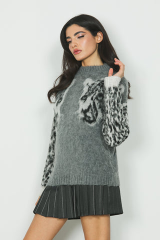 Maglia MARIA manica lunga con colletto più jacquard leopardo