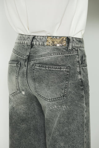 Jeans ELLELONG_30 vita media 5 ts con rotture straight fit in black denim