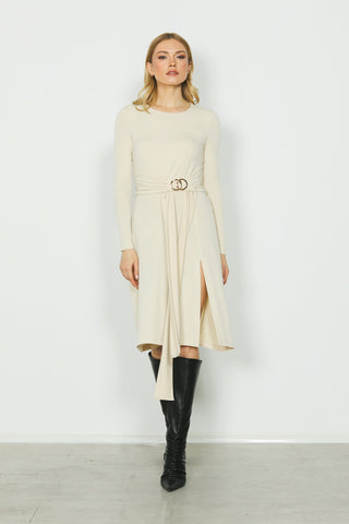 Abito VIOLA midi manica lunga con pieghe più fusciacca con fibbia anelli