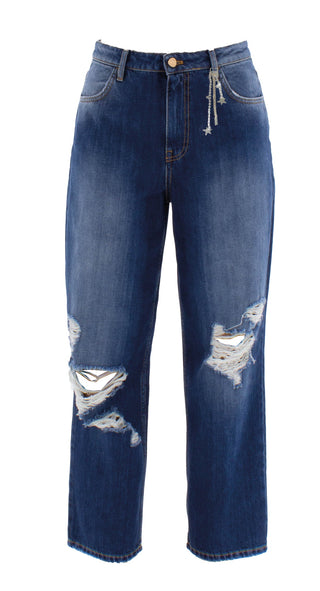 Panta CARLA_2a v.media 4tasche  con rotture più app.strass baggy fit denim blu