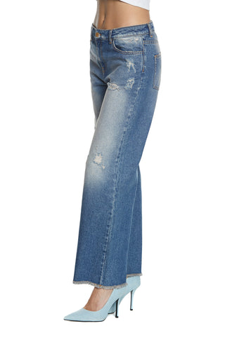 Panta ELLE_2 vita media 5tasche  con sporcatura straight fit denim blu