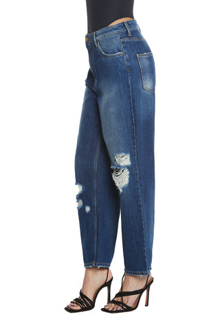 Panta CARLA_2a v.media 4tasche  con rotture più app.strass baggy fit denim blu