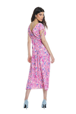 Abito GHAZI midi senza manica con coulisse doppio scollo v con pieghe fantasia  fiori