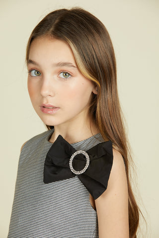 Abito BEEMOV corto senza maniche con fiocco fibbia strass pied de poule