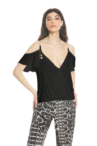 Top SAPODILLA mezza manica georgette doppio scollo incrocio più spallina catena più ciondoli