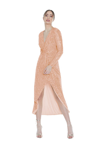 Abito BEID lungo manica lunga scollo v con incrocio più nodo più spacco full paillettes