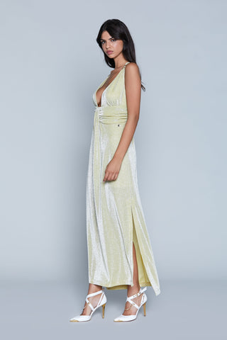 Abito AURORA lungo S/M con applicazione piercing più pieghe più spacchi lurex