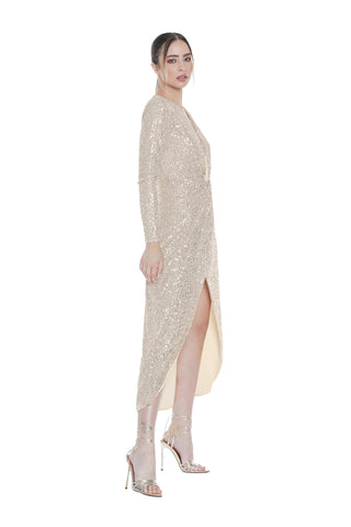 Abito BEID lungo manica lunga scollo v con incrocio più nodo più spacco full paillettes