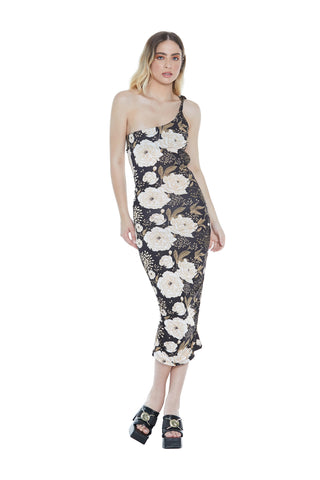 Abito NANAKO midi monospalla con arricci fant. Rose