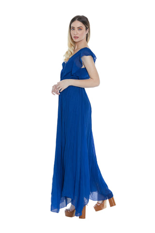 Abito AZZURRINA lungo mezza manica rouches doppio scollo incrocio