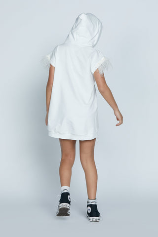 Abito ECHIUM corto mezza manica piume più cappuccio più logo grande relish