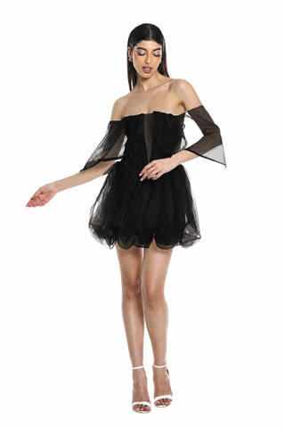 Abito AVVENTURINA corto palloncino scollo bardot con organza