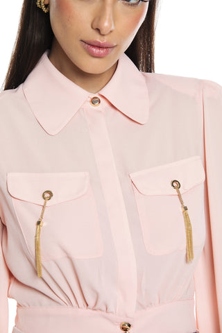 Camicia STAUROLITE manica lunga con spallina più arricci  più tasca  più vele più nappina catene pend.