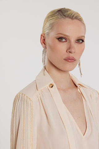 Blusa FLAPS scollo a V maniche lunghe più fusciacca più frange