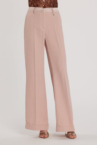 Pantalone PIOLON vita alta palazzo con risvolto più bustino e inserti in raso