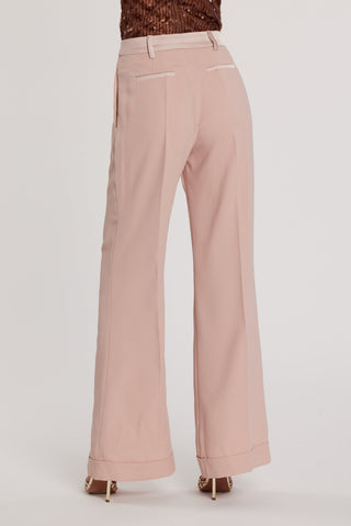 Pantalone PIOLON vita alta palazzo con risvolto più bustino e inserti in raso