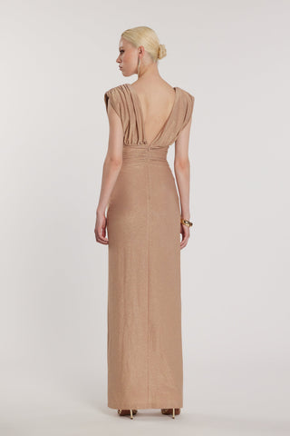 Abito FERRARI senza maniche doppio scollo a V lungo con accessorio davanti più arricciatura lurex