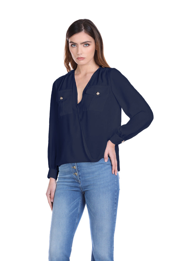 Blusa SERVAP manica lunga scollo incrocio con martingala più tasche più bottoni oro