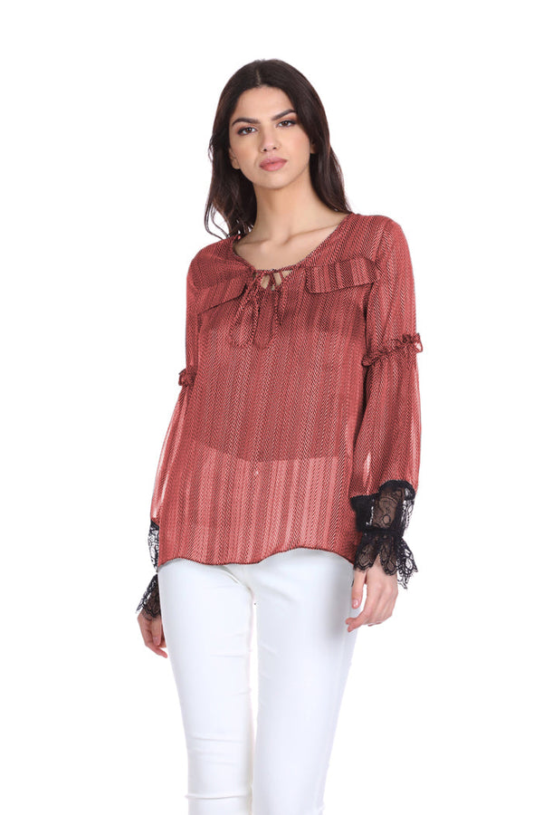 Blusa STEVIU manica lunga con rouches più inserto pizzo con laccetto più patte f.spigato più lurex