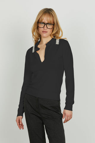 Maglia NIHOA manica lunga scollo v con colletto più applicazione strass