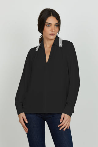 Blusa MARBEL manica lunga scollo v con colletto più pietre più strass