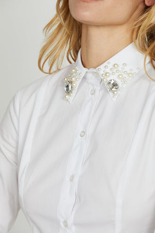 Camicia YOH manica lunga collo con applicazione perle più pietre strass
