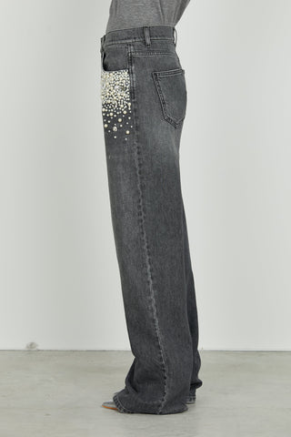 Panta GISELLE_31 v.media 5ts con perle più pietre strass loose fit denim black