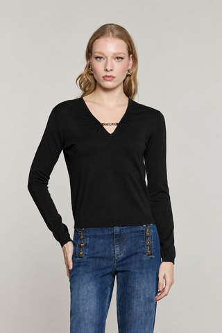 Maglia MORSETTO manica lunga scollo v con arricci più catena logo strass