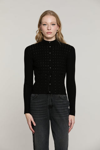 Cardigan ROCHET manica lunga colletto vulcano con strass più bott.crystal più cintura