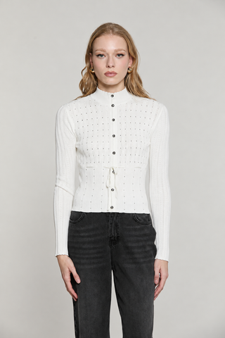 Cardigan ROCHET manica lunga colletto vulcano con strass più bott.crystal più cintura