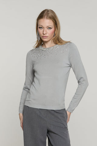 Maglia JORIA manica lunga con bordo paillettes più pietre più goccia schiena