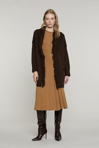 Cardigan MIKALI manica lunga lungo con cintura più tasche Frange