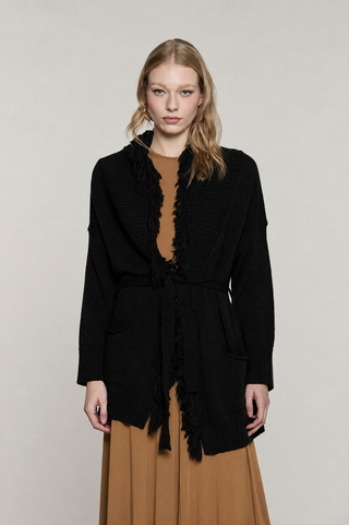 Cardigan MIKALI manica lunga più cintura più tasche e frange