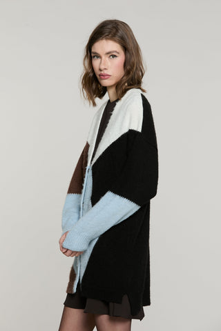 Cardigan ANVERSA lungo manica lunga scollo v con snap intarsio rombi