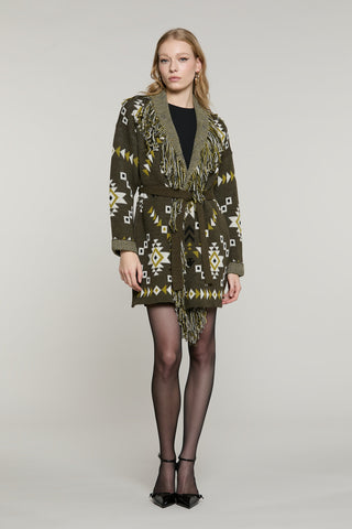 Cardigan ROTTERDAM lungo manica lunga con cintura più frange più jacquard peruviano