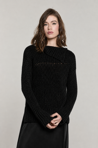 Maglia LORISA manica lunga collo asimmetrico più spacchi con lurex più micro-paillettes