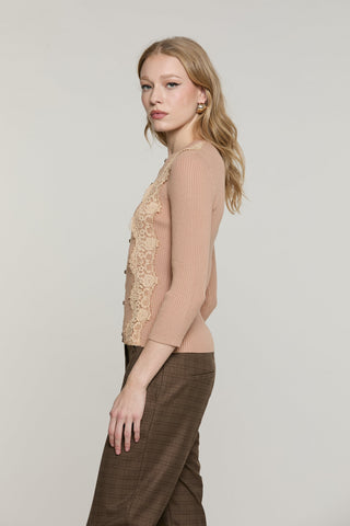Cardigan SUNNY manica 3/4 girocollo con bottoni crystal più inserti pizzo costina
