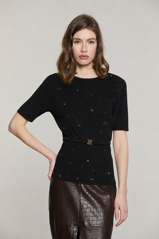 Maglia STRONGER mezza manica con paillettes più castoni più cintura con fibbia logo lurex