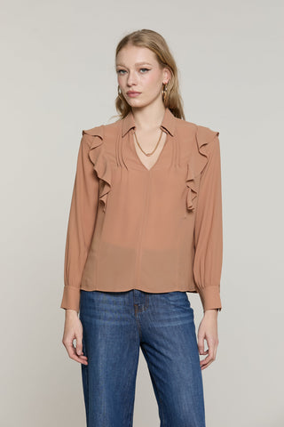Blusa PARIETTI manica lunga con rouches più pieghe scollo v con collana logo