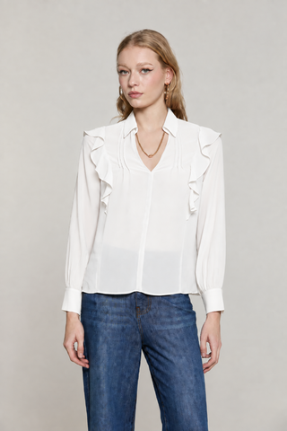 Blusa PARIETTI manica lunga con rouches più pieghe scollo v con collana logo