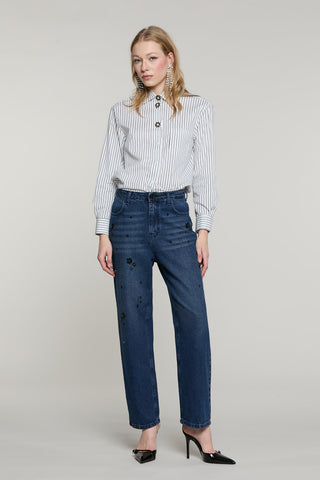Panta CARLA_BLUE vita media baggy fit con castoni più pietre denim blue