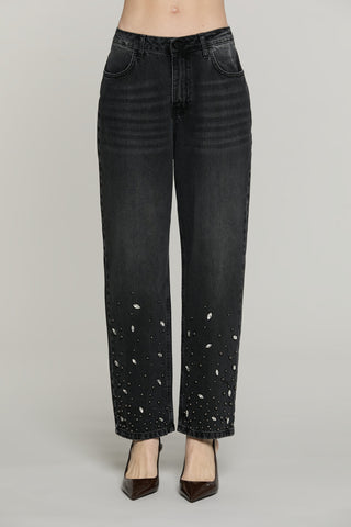 Panta CARLA_BLACK v.media baggy fit con castoni più pietre più perline denim black