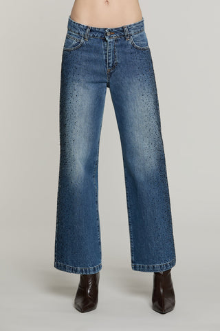 Panta ELLELONG_BLUE vita media straight fit 5 ts con strass denim blue