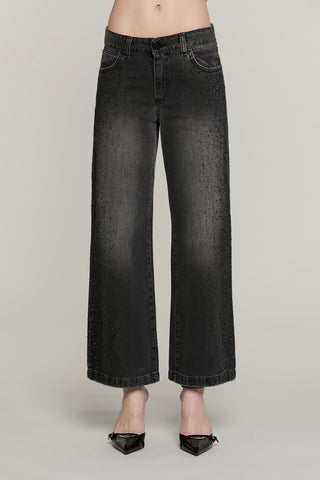 Panta ELLELONG_BLACK vita media straight fit 5 ts con strass denim black