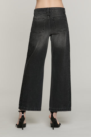 Panta ELLELONG_BLACK vita media straight fit 5 ts con strass denim black